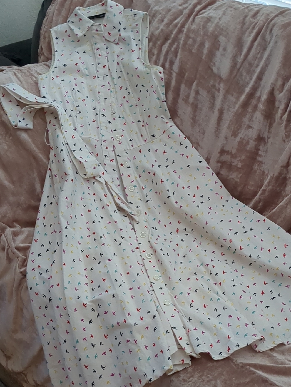 Chetta B Cream Shirt Midi Dress with Multicolor Bird Print